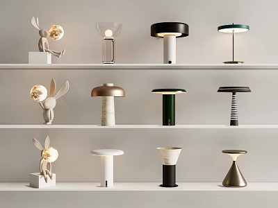 Modern Table Lamps With Various Unique Designs Displayed On White Shelves 3d model