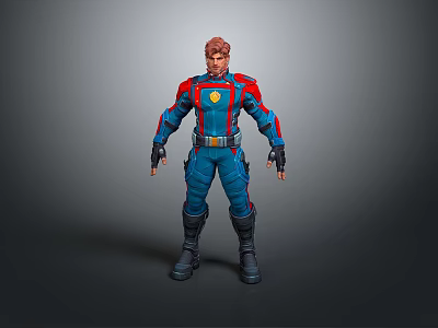 3D Character Model In Blue Red Costume With Yellow Chest Emblem And Black Gloves Boots 3d model