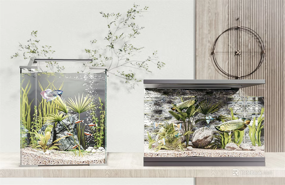 Modern Vertical And Wall Aquarium With Aquatic Plants Stones And Fish Decorations 3d model 