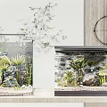 Modern Vertical And Wall Aquarium With Aquatic Plants Stones And Fish Decorations