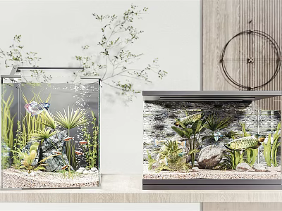 Modern Vertical And Wall Aquarium With Aquatic Plants Stones And Fish Decorations 3d model