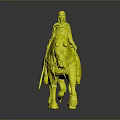 Helmeted Armored Figure Riding White Horse With Decorative Armor Ornate Saddle And Blue Gold Accents
