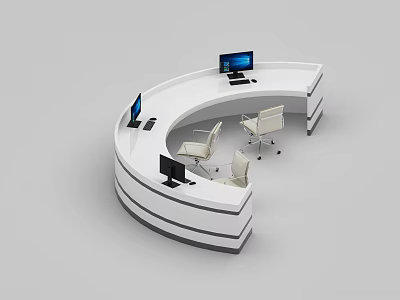 Modern Curved Bar Counter Design With Computer Monitors And Office Chairs 3d model