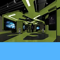 Modern Exhibition Hall Interior With Green Walls Black Flooring Display Screens And Sculptures