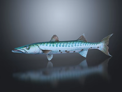 Slender Barracuda Fish With Blue Green Stripes And Sharp Teeth On Dark Reflective Background 3d model