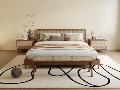 Modern Minimalist Double Bed With Wicker Headboard Wooden Bench Bedside Tables Table Lamps Area Rug 3d model