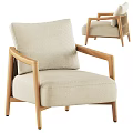 Modern Beige Fabric Accent Chair With Wooden Armrests And Comfortable Seat
