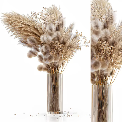 Decorative Glass Vase With Dried Pampas Grass Fluffy Blooms And Spikelets In Natural Tones 3d model