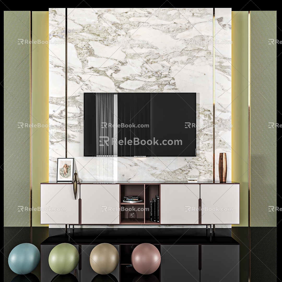 TV background wall marble TV background wall TV cabinet combination green TV background wall modern minimalist TV cabinet accessories 3d model