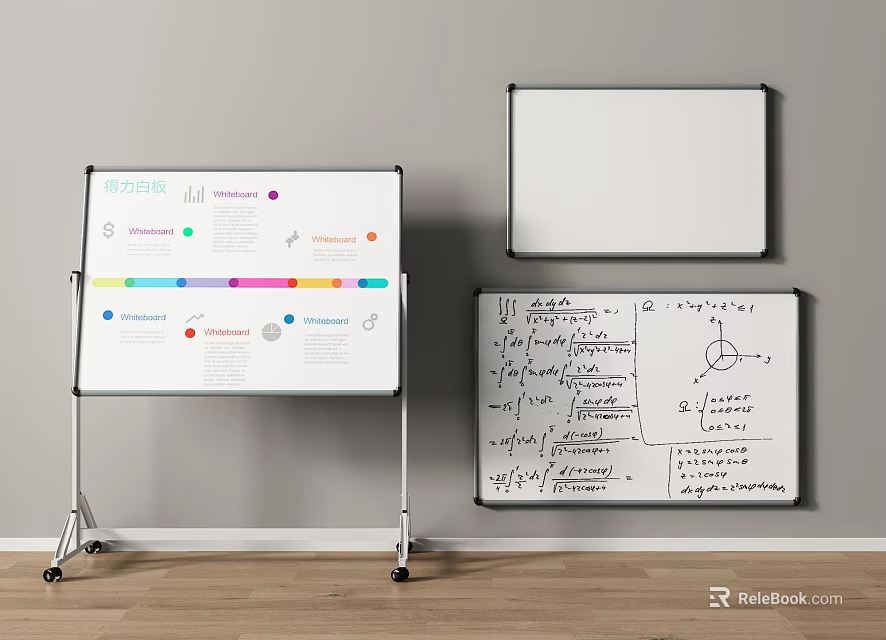 Mobile Whiteboard Stand With Colorful Charts And Wall Mounted Whiteboards With Math Formulas 3d model 