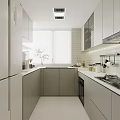 Modern Kitchen Interior With Light Gray White Cabinets Gas Stove And Natural Light