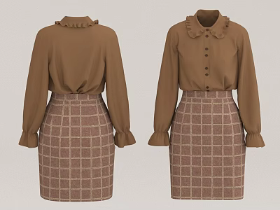 Long Sleeve Brown Blouse With Ruffled Collar Ruffled Cuffs And Plaid Knee Length Skirt 3d model