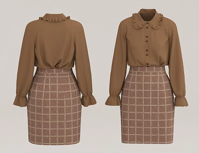 Long Sleeve Brown Blouse With Ruffled Collar Ruffled Cuffs And Plaid Knee Length Skirt 3d model