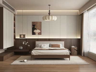 Modern Minimalist Bedroom Interior With Wooden Bed Artwork Pendant Light Wardrobe Rug And Blinds 3d model