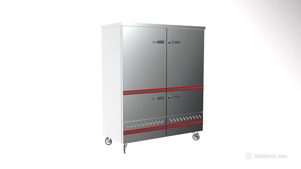 Stainless Steel Kitchen Storage Cabinet With Red Stripes And Movable Wheels 3d model 