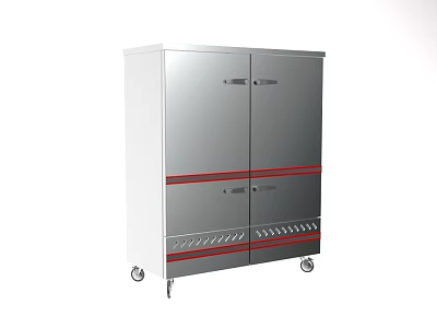 Stainless Steel Kitchen Storage Cabinet With Red Stripes And Movable Wheels 3d model