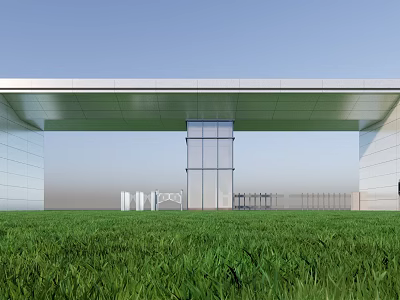 Modern Glass Entrance Gate With White Wall Green Lawn And Blue Sky 3d model