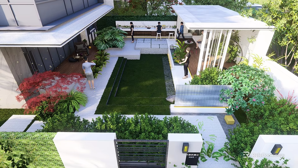 Modern Courtyard Garden Design With Lush Lawn Green Plants And Pergola Seating Area 3d model 