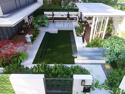 Modern Courtyard Garden Design With Lush Lawn Green Plants And Pergola Seating Area 3d model