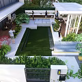 Modern Courtyard Garden Design With Lush Lawn Green Plants And Pergola Seating Area
