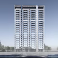 Modern High Rise Residential Building Exterior Design With Glass Windows And Trees
