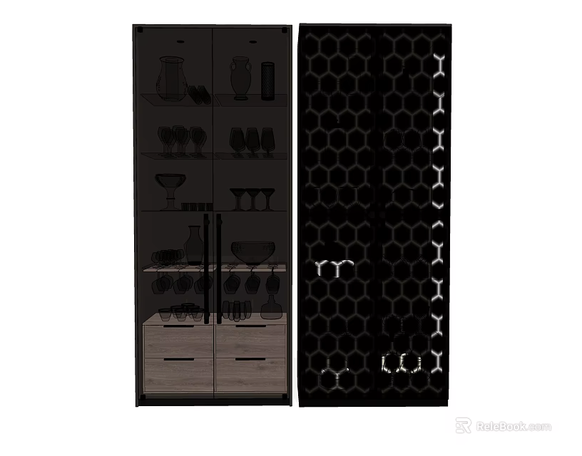 Modern Sideboard With Glass Doors Storing Wine Glasses Tableware And Honeycomb Wine Rack 3d model 