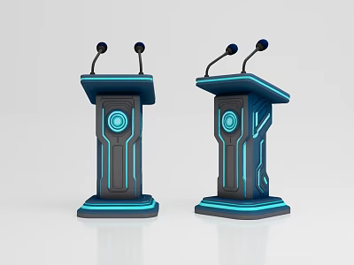 Two Modern Tech Podiums With Dual Microphones Blue Glowing Lines And Circular Emblem 3d model