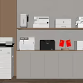 Modern Office Printers Display On Shelves With White Black Devices And Cabinets