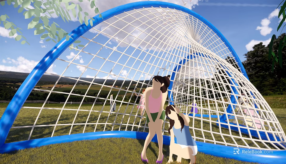 Outdoor Playground Equipment With Blue Net Structure For Children Playing On Green Grass 3d model 