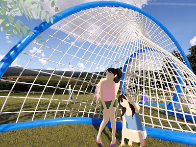 Outdoor Playground Equipment With Blue Net Structure For Children Playing On Green Grass 3d model