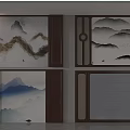 Traditional Chinese Landscape Background Wall with Wooden Frame Mountain River Cloud and Bird Elements