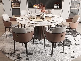 New Chinese Dining Table and Chair Round Dining Table Dining Chair Single Chair Wine Cabinet Background Wall 3d model