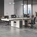 Modern Office Desk With Computer Monitors Black Chairs Drawers Bookshelf Plant And City View