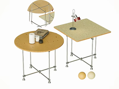 Round And Square Dining Table Combination With Wooden Tops Metal Legs Table Lamp And Books 3d model