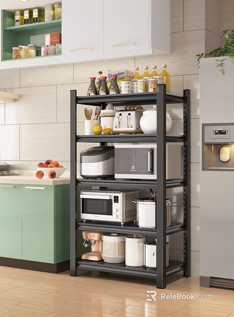 Kitchen Storage Rack With Microwave Rice Cooker Jars And Fruits In Modern Kitchen 3d model 