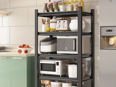 Kitchen Storage Rack With Microwave Rice Cooker Jars And Fruits In Modern Kitchen 3d model