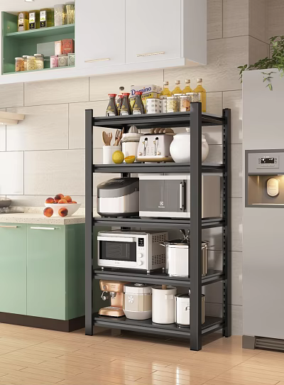 Kitchen Storage Rack With Microwave Rice Cooker Jars And Fruits In Modern Kitchen 3d model