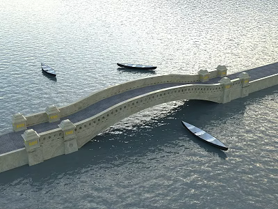 Scenic Stone Arch Bridge Spanning Calm Water With Small Boats Sailing 3d model