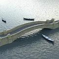 Scenic Stone Arch Bridge Spanning Calm Water With Small Boats Sailing