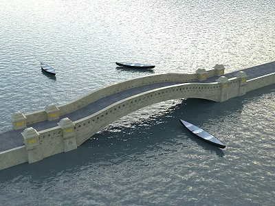 Scenic Stone Arch Bridge Spanning Calm Water With Small Boats Sailing 3d model