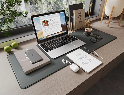 Laptop Workspace Setup With Phone Notebook Mouse Coffee Cup And Plant Near Window 3d model