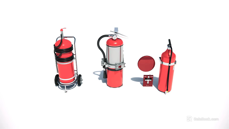 Essential Fire Extinguishers Featuring Wheeled Models Upright Units And Safety Components 3d model 