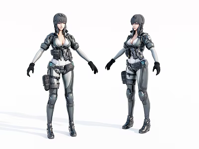 Game Movie Female Characters in Tactical Gray Black Combat Suits with Short Hair and Gear 3d model