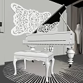Modern Piano Room Featuring White Grand Piano Butterfly Decorative Wall and Black White Striped Rug
