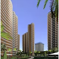 High Rise Modern Residential Buildings With Palm Trees And Orange Sunset Sky