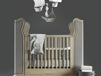Elegant Baby Crib with Wooden Railings Upholstered Headboard and Ship Shaped Mobile 3d model