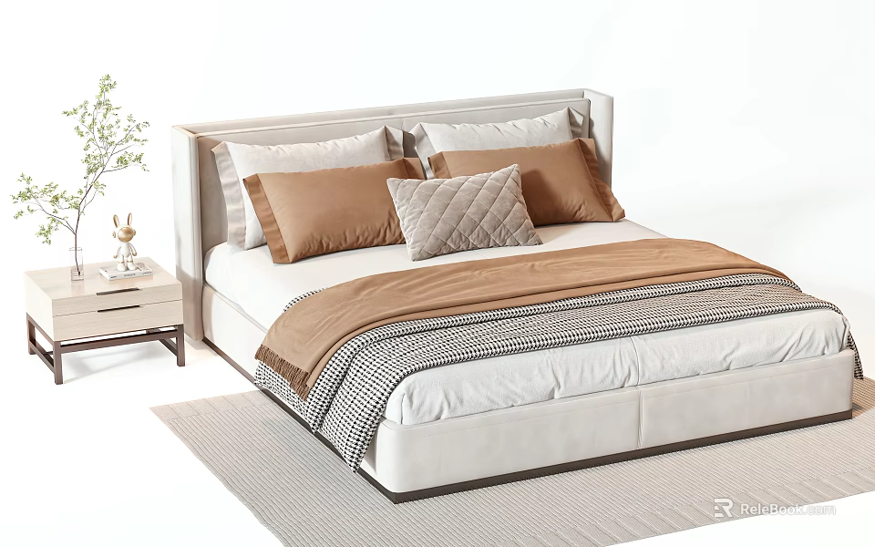 Modern Double Bed With Beige Headboard Brown Pillows And Checkered Blanket 3d model 