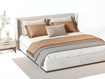 Modern Double Bed With Beige Headboard Brown Pillows And Checkered Blanket 3d model