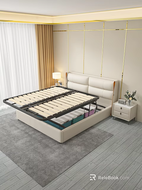 Modern Double Bed with Leather Headboard Slatted Frame Storage Space and Nightstand Table Lamp 3d model 