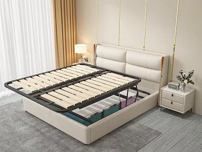 Modern Double Bed with Leather Headboard Slatted Frame Storage Space and Nightstand Table Lamp 3d model
